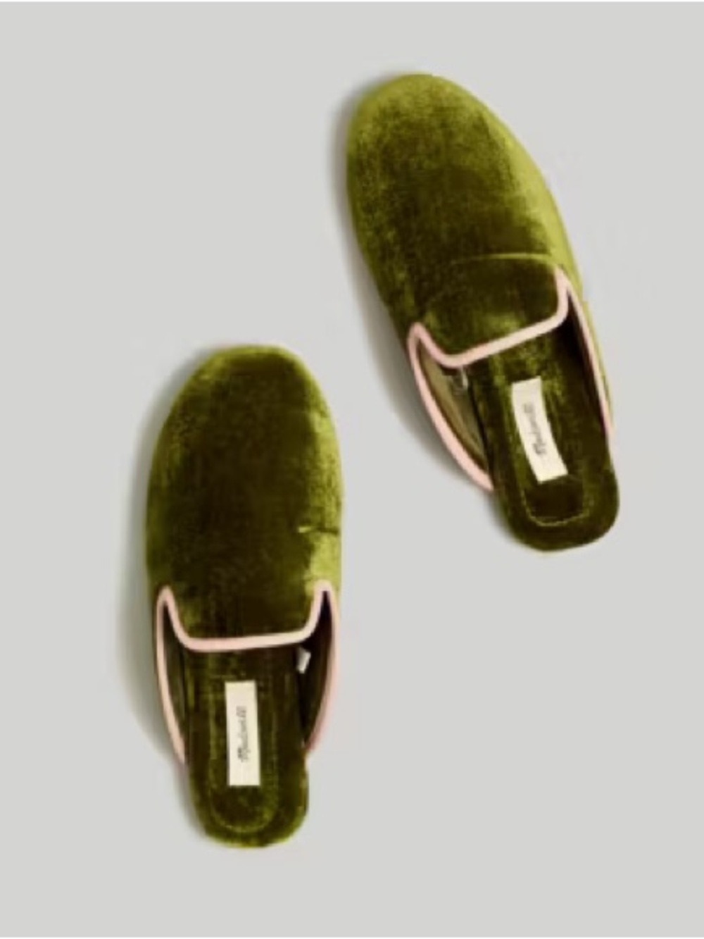 Madewell Ezra Mule Slipper in Green Velvet Pink Piping